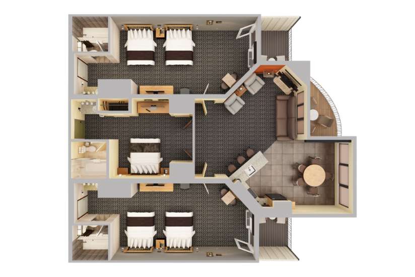 Top-down view of a render of a three bedroom plus kitchen room.