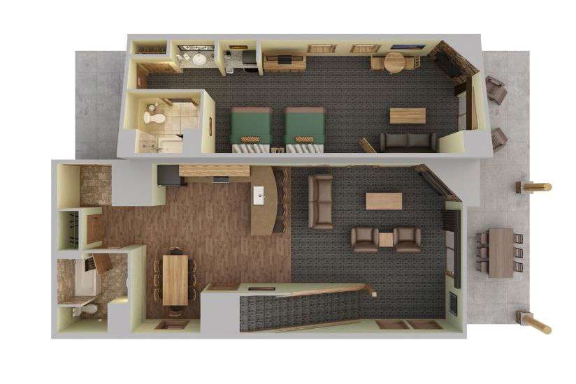 Top-down view render of LDWV 4 Bedroom Chalet Main Floor.