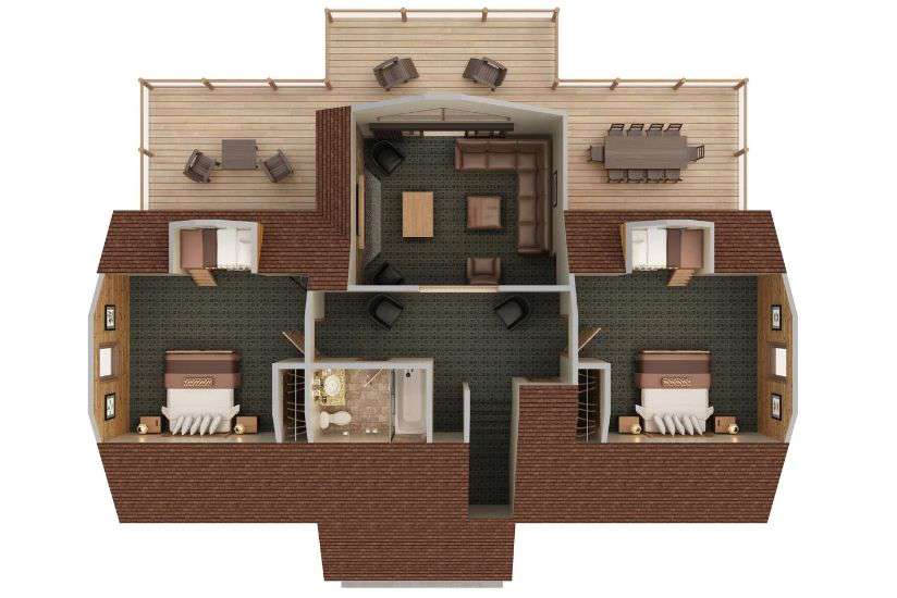 Top-down view render of LDWV 5 Bedroom Retreat Top Floor.