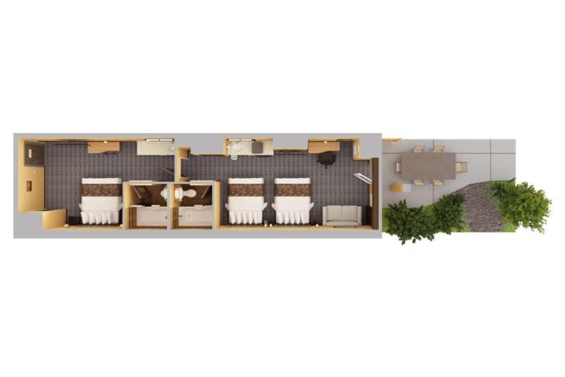 Top-down view render of room with 2 Bed 2 Bath Patio
