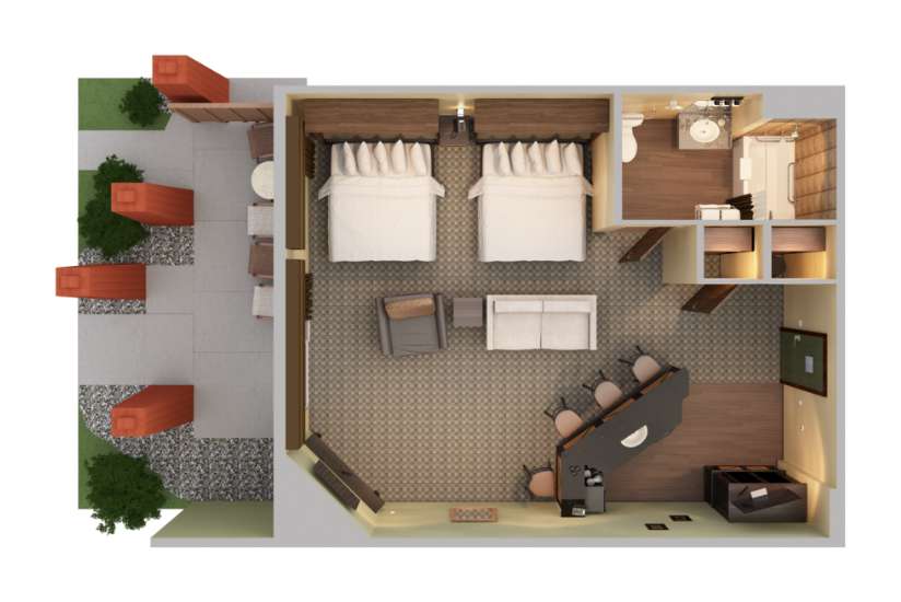 Top-down view render of Hospitality Suite.