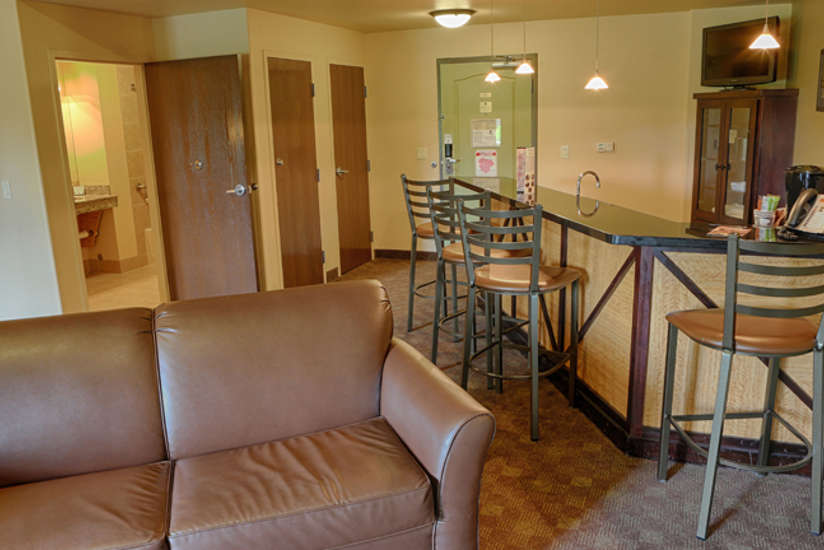Overview of the Hospitality Suite. Consists of a kitchen area and living area