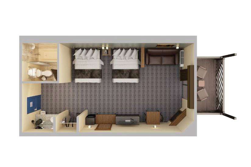 Top-down render of a room featuring Double Queen Sofa and Balcony.
