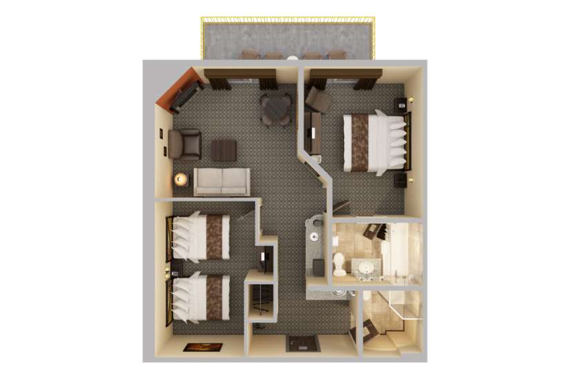 Top-down view render of 2 Bed 2 Bath Living Room Suite.