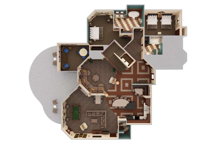 Top-down view render of 5 Bedroom Entertainment Main Level.