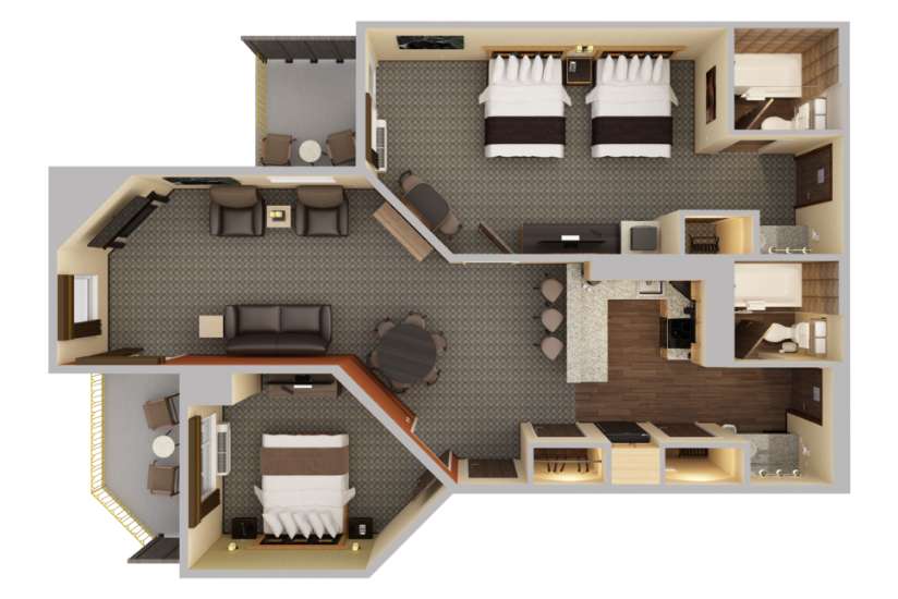 Top-down view render of 2 Bedroom Kitchen Living Room Suite.