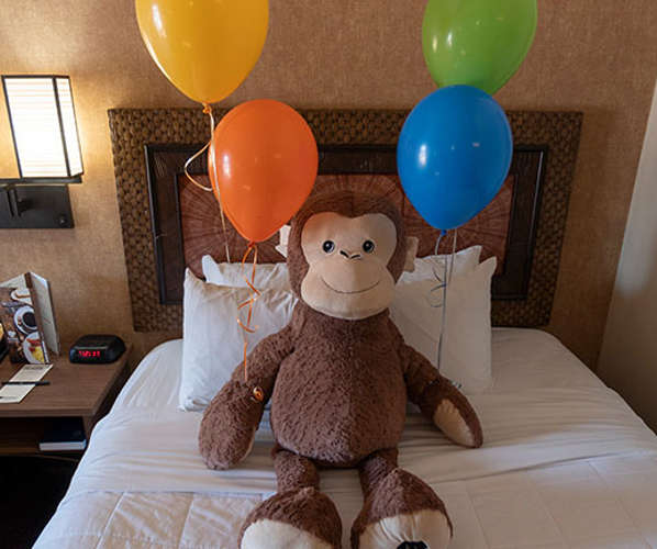 A giant stuffed monkey toy surrounded by helium filled balloons, waiting eagerly on the bed to welcome the Kalahari guests that added on the Giant Plush Box.