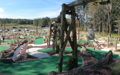 an overview of Legends of the Lost Jungle mini golf course with monkeys swinging around from post to post