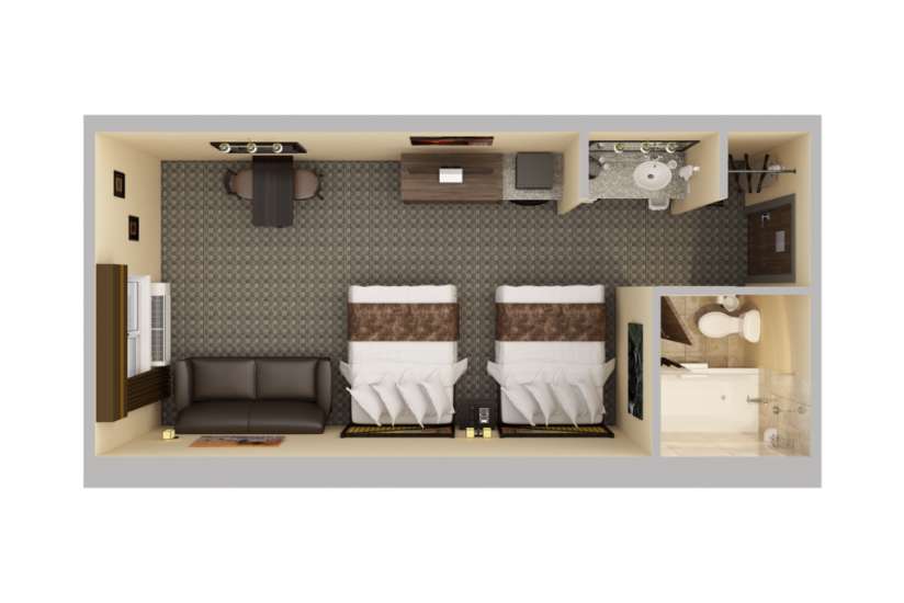 Top-down view render of a room with Double Queen Sofa.
