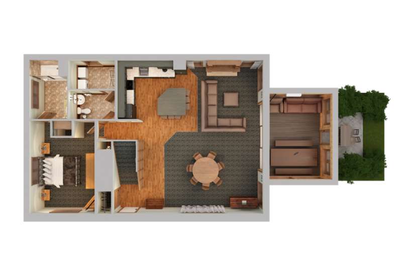 Render of a top-down view of Homestead 1st Floor with 4 beds.