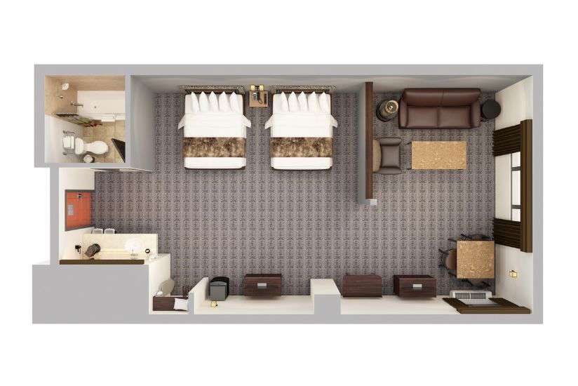 Top-down render of Double Queen Sofa Lobby View.