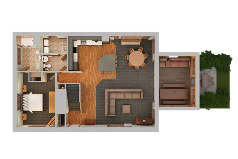 A top-down view render of Homestead cabin at Lake Delton Waterfront Villas. 