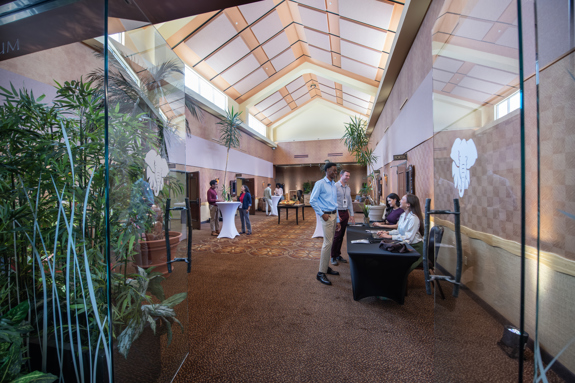 looking into glass doors into meeting area
