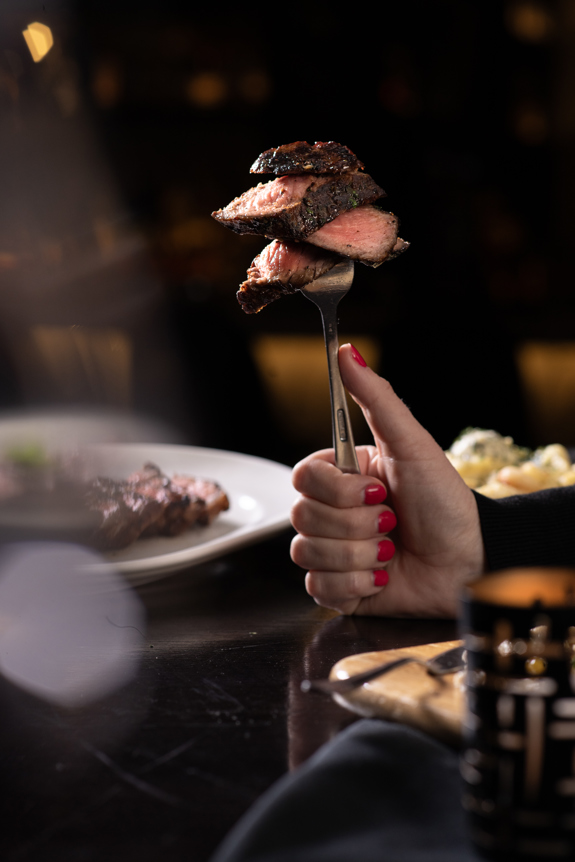 steak bites on a fork ready to eat