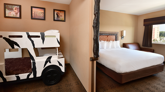 an overview of the kids bunk room sleeping area