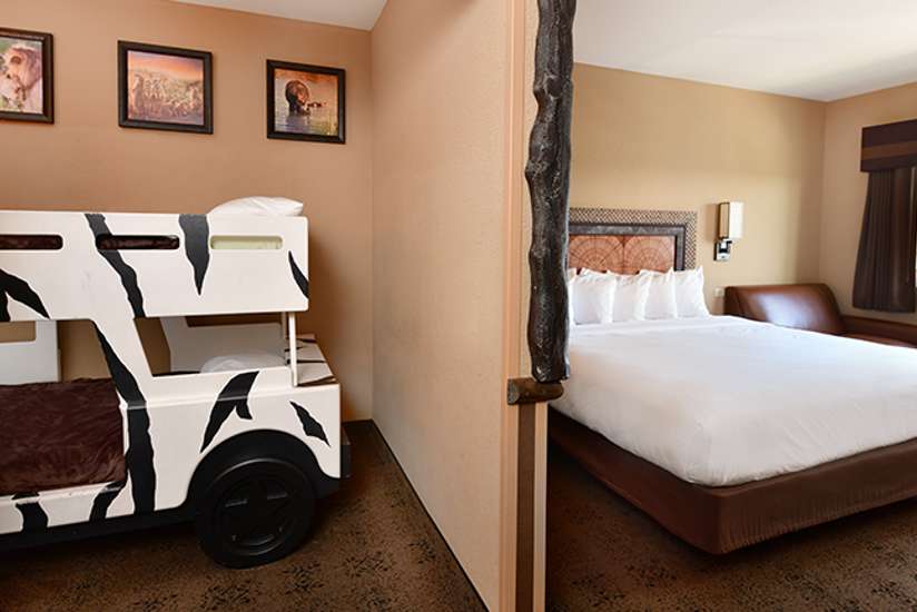 an overview of the kids bunk room sleeping area