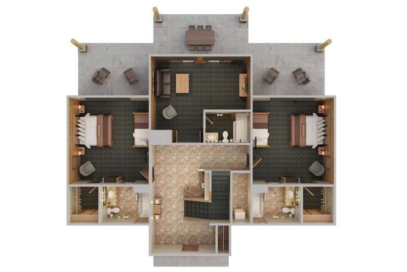 Top-down view render of LDWV 5 Bedroom Retreat Lower Floor.