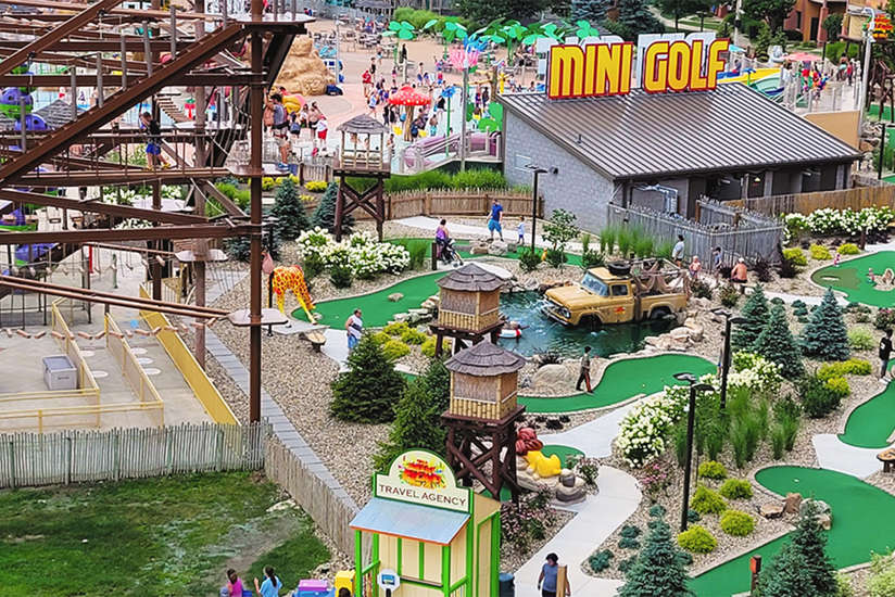 Wide birds eye view of mini golf course.