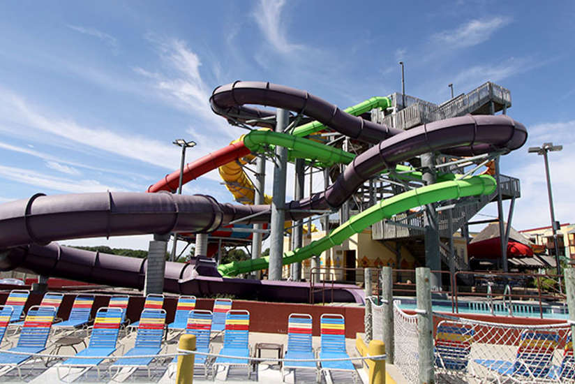 group of water slides in the outdoor water park