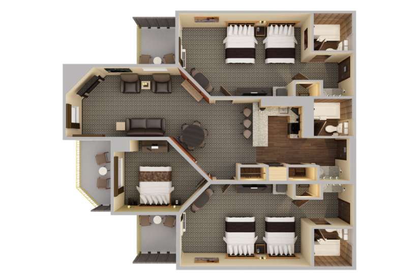 Top-down view render of 3 Bed Kitchen Living Room Suite.
