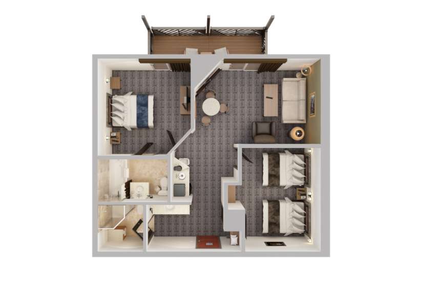 Top-down view render of 2 Bed 2 Bath Living Room.