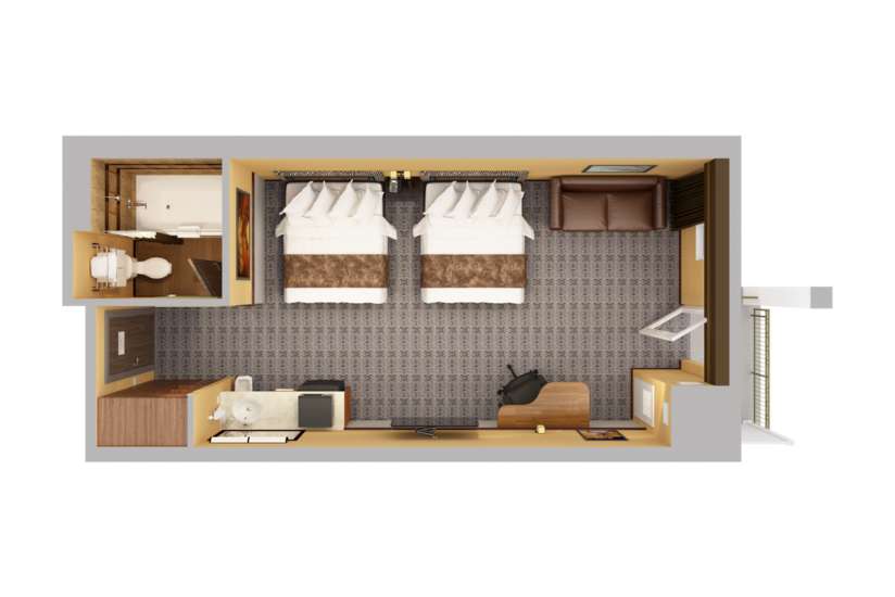 Top-down view render of a room with 2 queen sofas with a balcony.