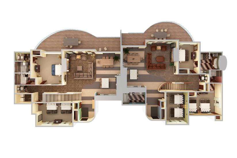 Top-down view render of 10 Bedroom Main Level.