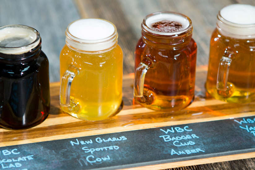 a flight of beers at wisconsin brew pub