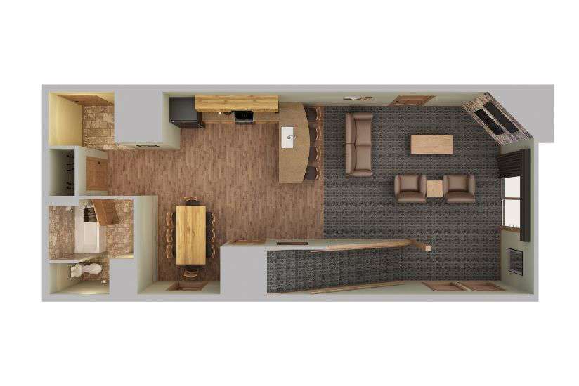Top-down view render of Waterfront 3 Bedroom Cottage Lower Level.