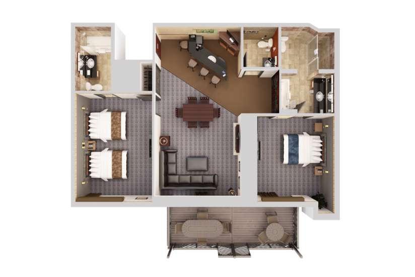 Top-down view of a render of a 2 Bedroom Presidential room.