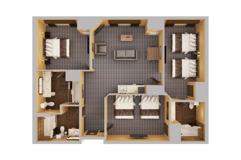 Top-down view render of 3 Bed 3 Bath Living Room Suite.