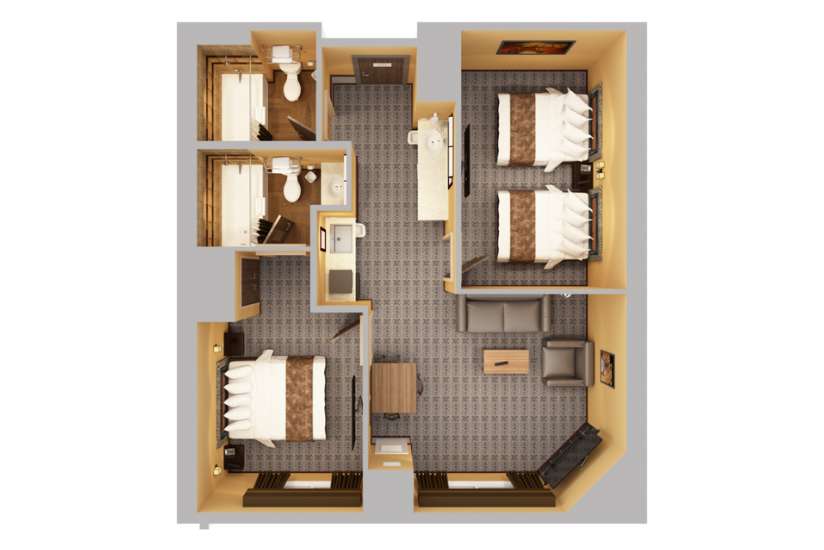 Top-down view render of 2 Bed 2 Bath Living Room Suite.