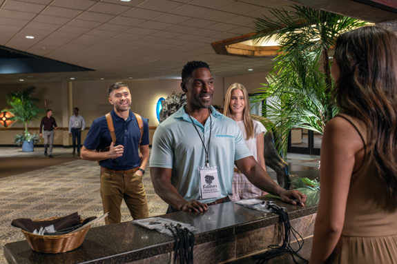 checking in at conference center