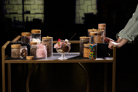 Pushing the sundae cart out to a table