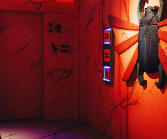 virtual reality scenery inside the game, a hallway a large scarab hanging on cracked walls