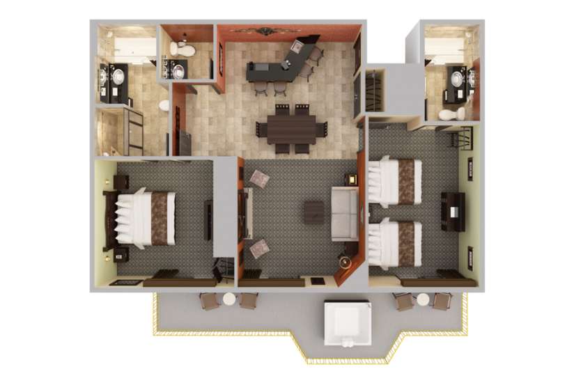 Top-down view render of 2 Bedroom Presidential Suite.