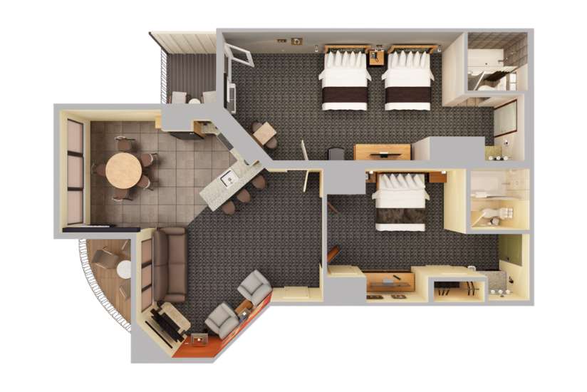 Top-down view of a render of a room.