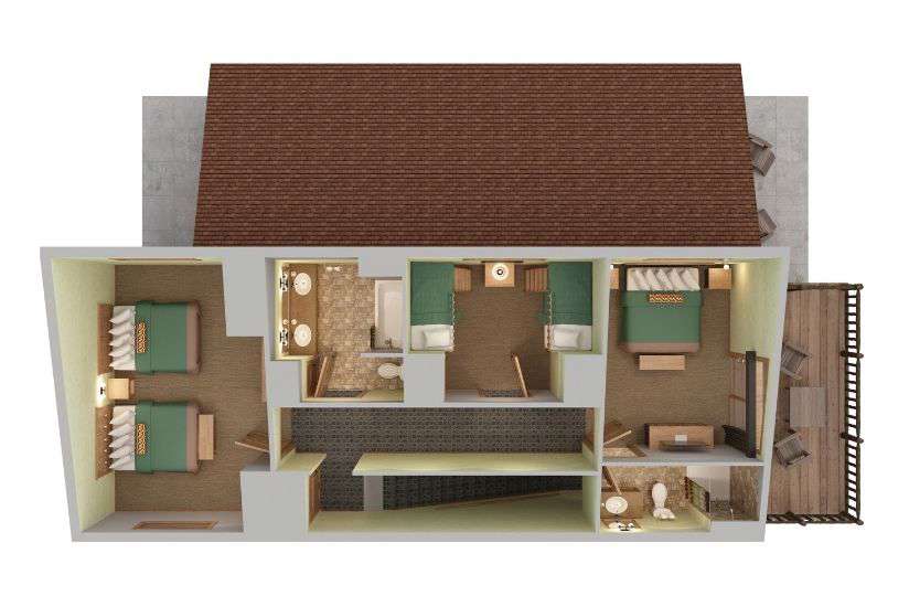 Top-down view render of LDWV 4 Bedroom Chalet Top Floor.