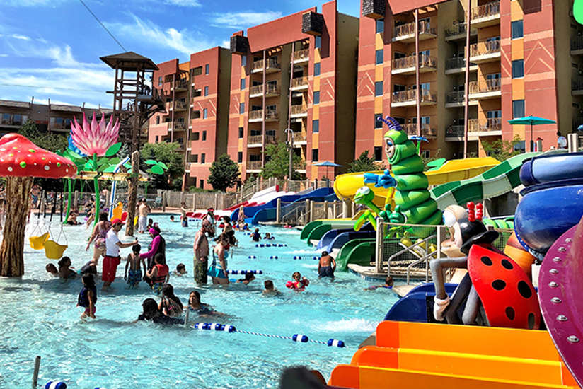 bugs burrow kids area in the outdoor pool area. Filled with waterslides, giant bug statues, and kids having a blast!