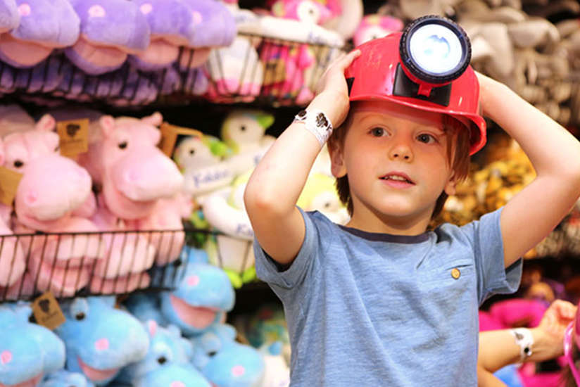 a boy with a hard hat on by a wall filled with stuffed animals