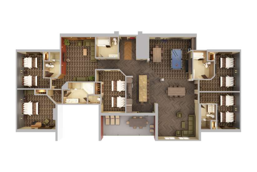 Top-down view render of 5 bedroom suite.