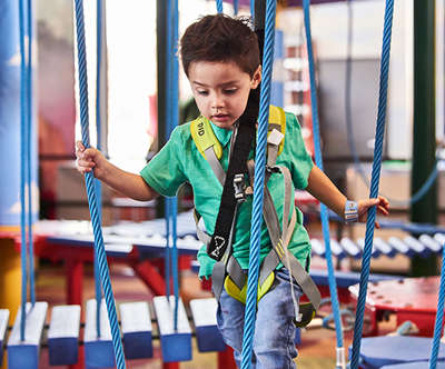 a little boy enjoying the ropes course at Tom Foolerys Adventure Park