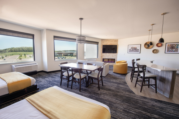 Hillside two double bed suite, view of the kitchen and fireplace