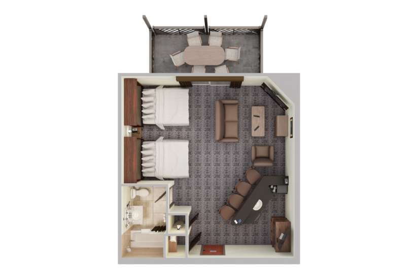 Render of a top-down view of the Hospitality Suite.