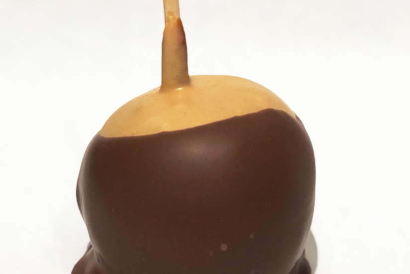 "a ""buckeye"" flavored caramel apple from Candy Hut"