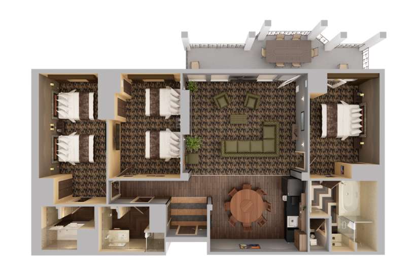 Top-down view render of 3 Bedroom Penthouse.