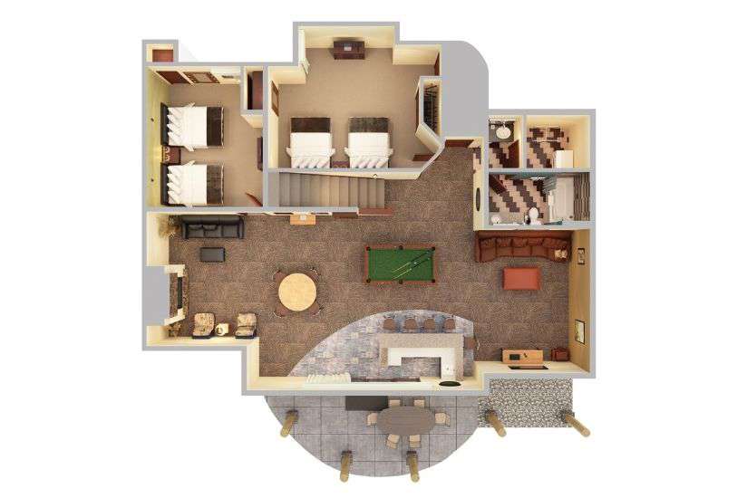 Top-down view render of 5 Bedroom Entertainment Villa Lower Floor.