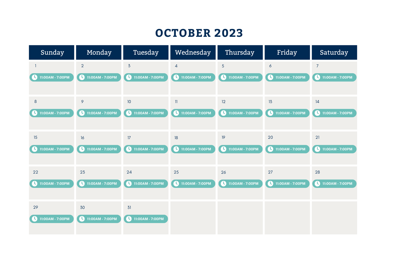 October Grotto Pool Hours 1030-700