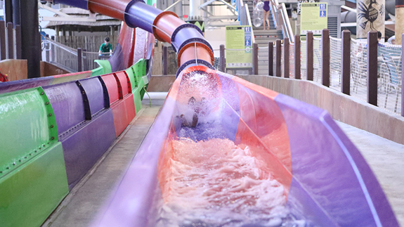 someone sliding down the screaming hyena slide in the indoor waterpark