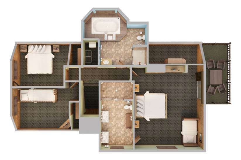 A top-down view render of Homestead cabin at Lake Delton Waterfront Villas.